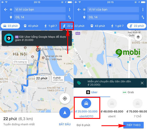 Đặt xe Uber bằng Google Maps trên điện thoại, cách Book xe Uber qua Go