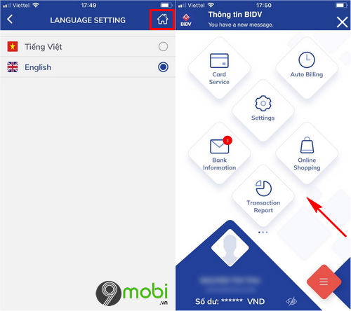 Cách chuyển đổi giao diện ngôn ngữ trên ứng dụng BIDV