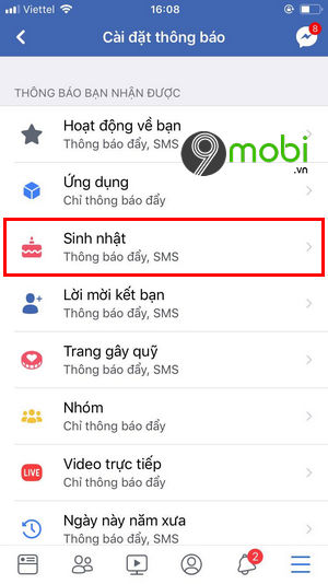 cach bat tat thong bao sinh nhat facebook tren iphone 5