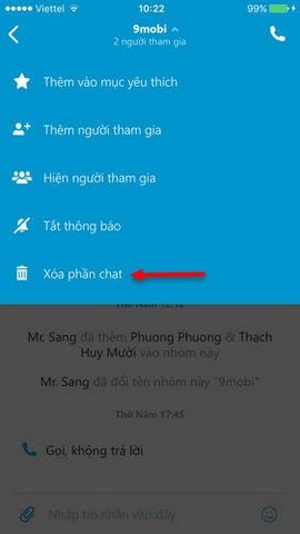 xoa lich su chat skype tren iphone