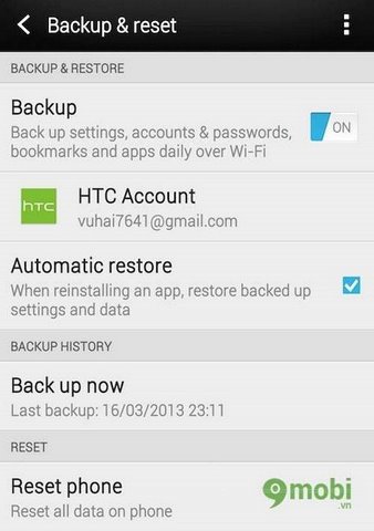 Cách backup dữ liệu HTC